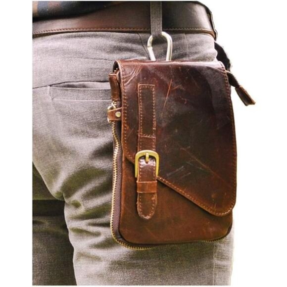 Men's Genuine Leather Coffee Fanny Small Satchel Waist Bag Pack, Coffee